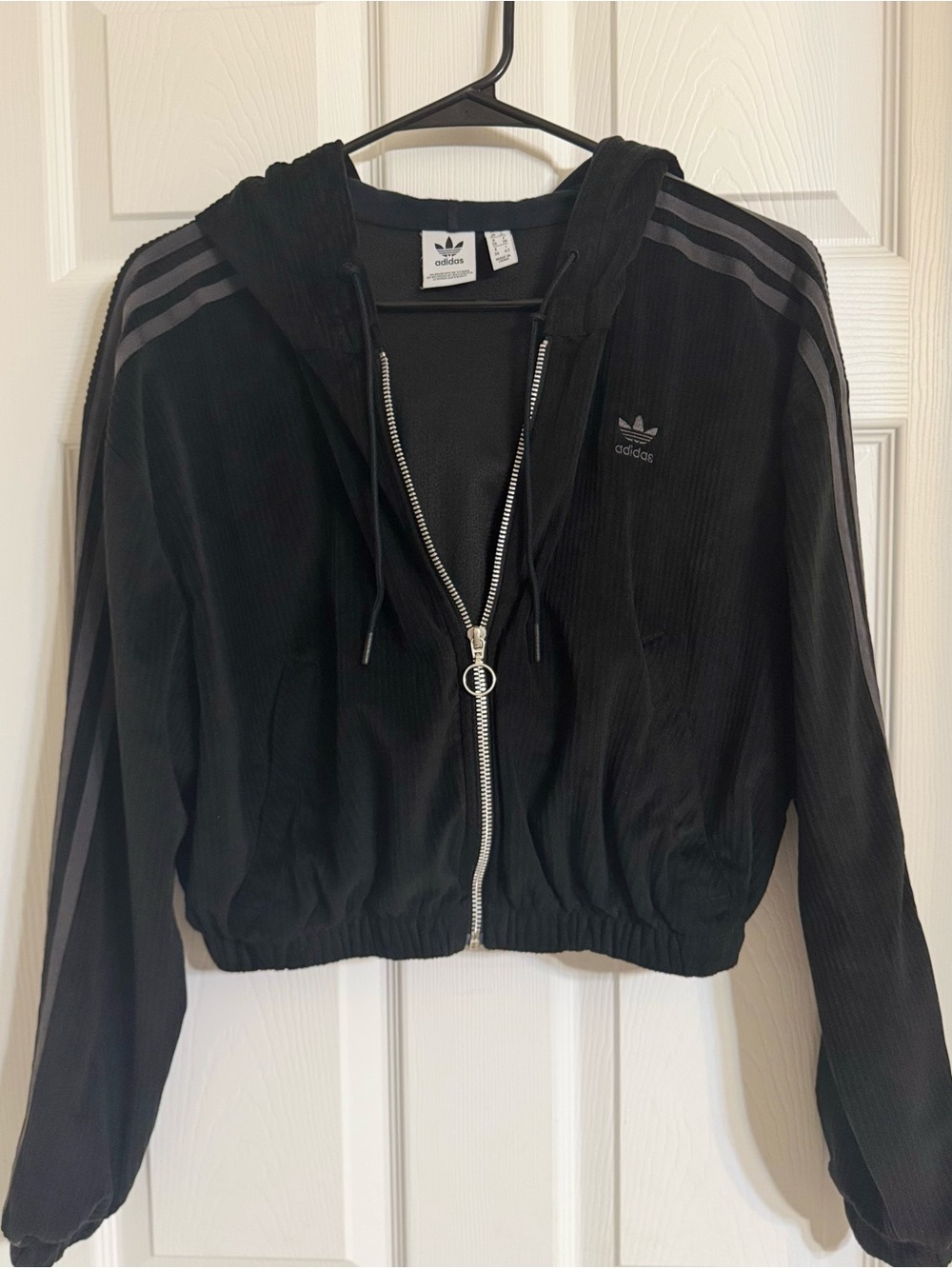 adidas Black Cropped Zip Hoodie Bomber with Signature Stripes